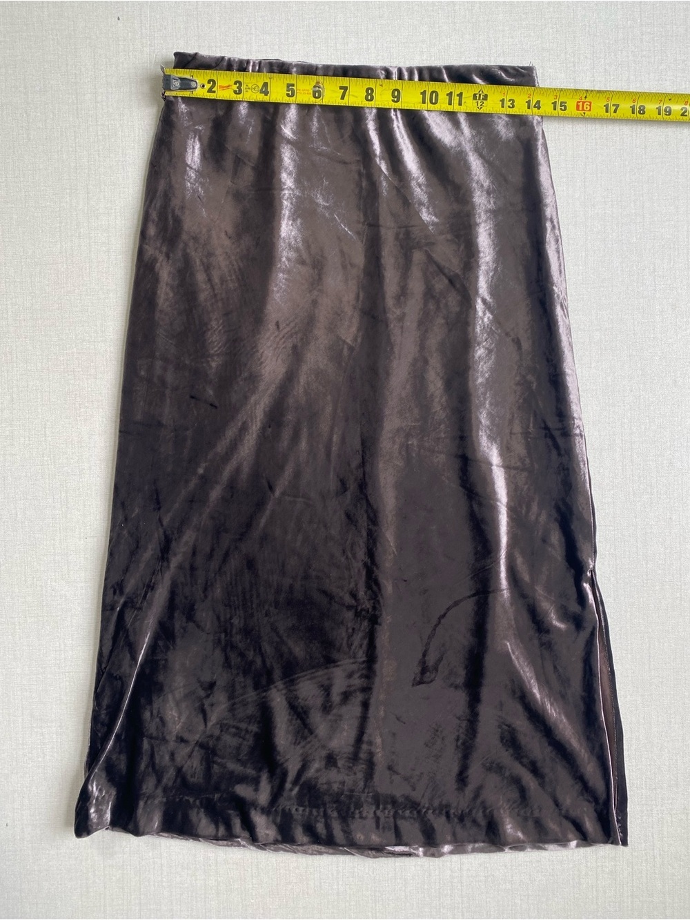 Ann Taylor Velvet Midi Skirt Size XS Grey Silver Liquid Metallic Slip PullOn - Picture 3 of 9
